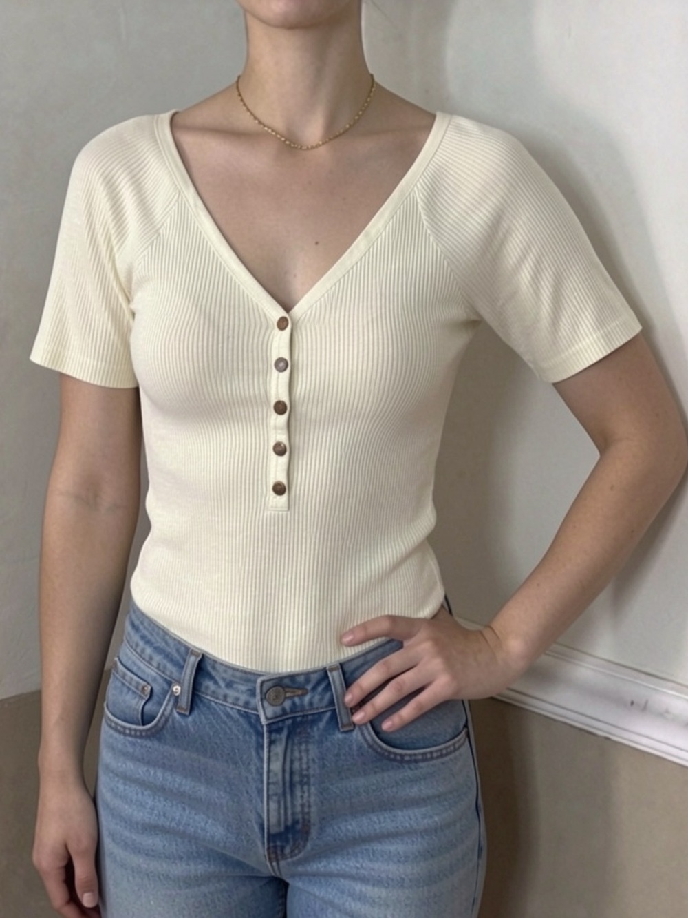❤️ FREE for $20! Love Tree Ribbed V-Neck Henley Top in Ivory